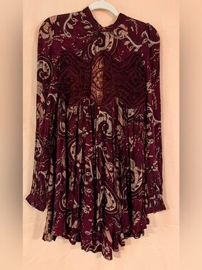 Free People Sweet Thing Boho Lace Paisley Tunic Dress in Deep Burgundy Wine